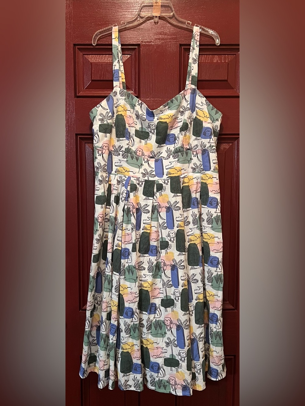eshakti White Midi Sundress with Blue, Green and Yellow Abstract Print